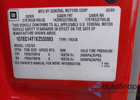 1999 GMC Sierra 1500 Sle z USA, uszkodzony, nr VIN 1GTEC14T1XZ533083